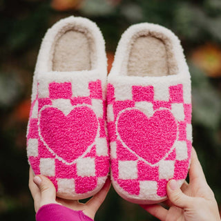 Hot Pink Heart Checker Fuzzy Slippers