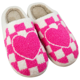 Hot Pink Heart Checker Fuzzy Slippers are super comfy