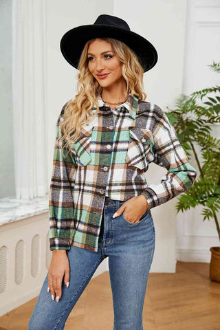 Collared Plaid Shacket in mid green